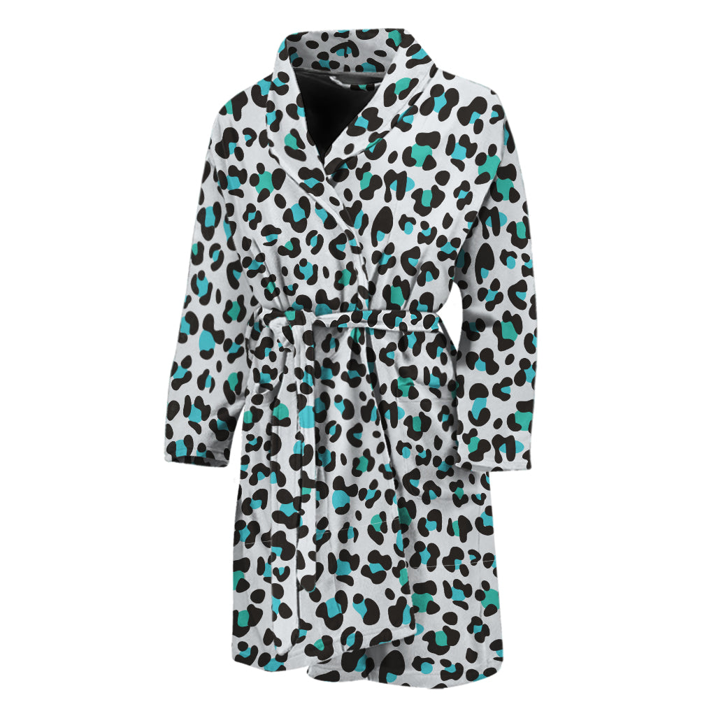 White And Teal Leopard Print Men's Bathrobe