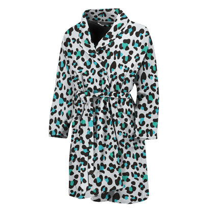 White And Teal Leopard Print Men's Bathrobe