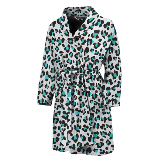 White And Teal Leopard Print Men's Bathrobe