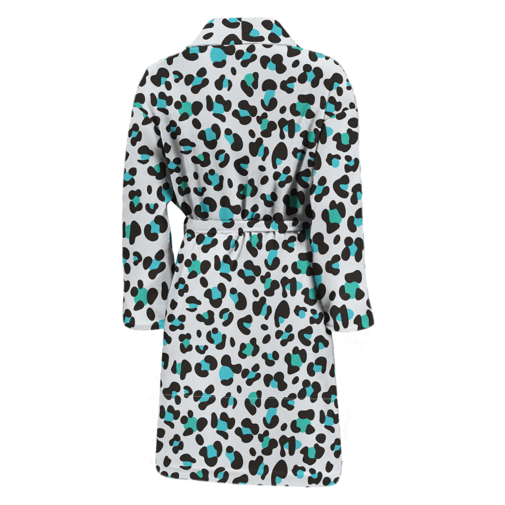 White And Teal Leopard Print Men's Bathrobe