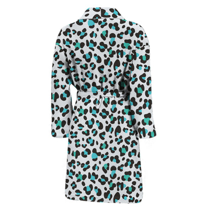 White And Teal Leopard Print Men's Bathrobe