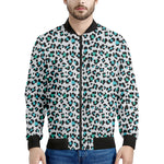 White And Teal Leopard Print Men's Bomber Jacket