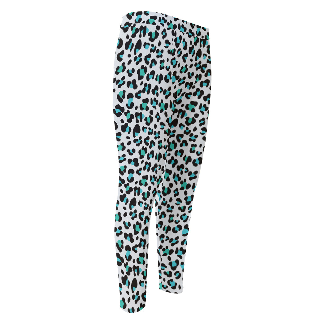 White And Teal Leopard Print Men's Compression Pants