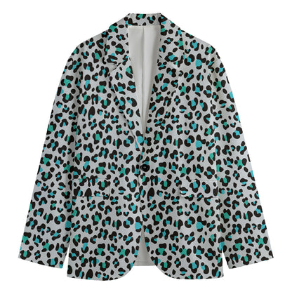 White And Teal Leopard Print Men's Cotton Blazer