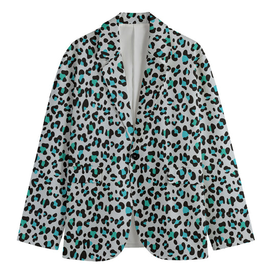 White And Teal Leopard Print Men's Cotton Blazer