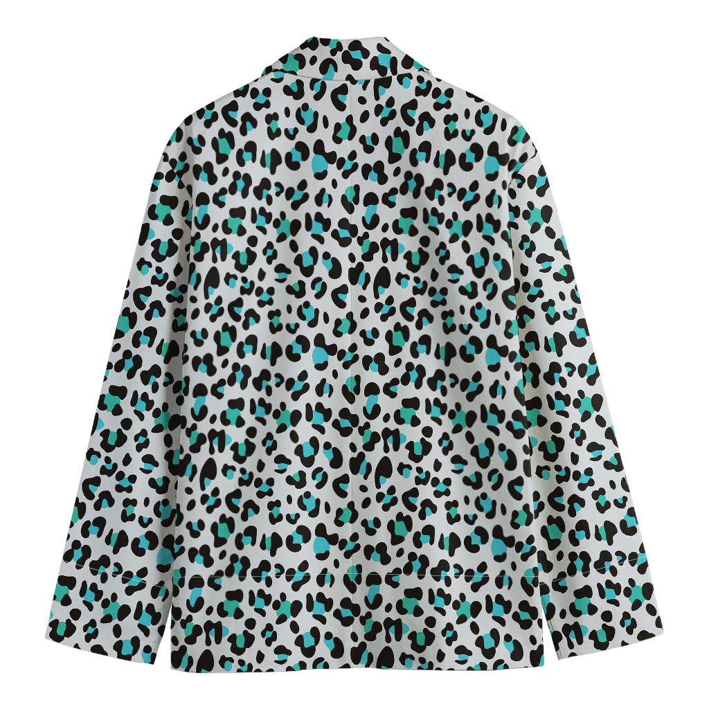 White And Teal Leopard Print Men's Cotton Blazer