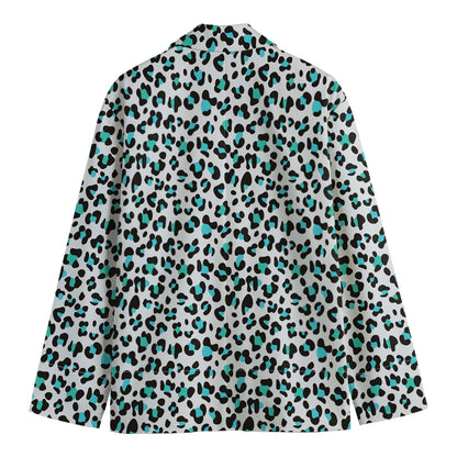 White And Teal Leopard Print Men's Cotton Blazer