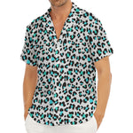 White And Teal Leopard Print Men's Deep V-Neck Shirt