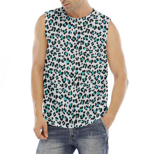 White And Teal Leopard Print Men's Fitness Tank Top