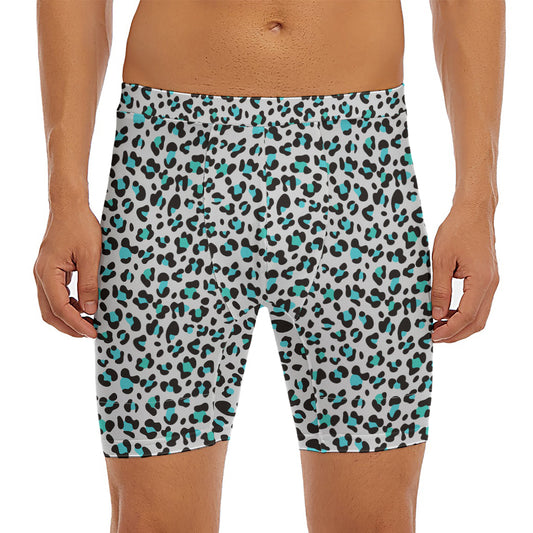 White And Teal Leopard Print Men's Long Boxer Briefs