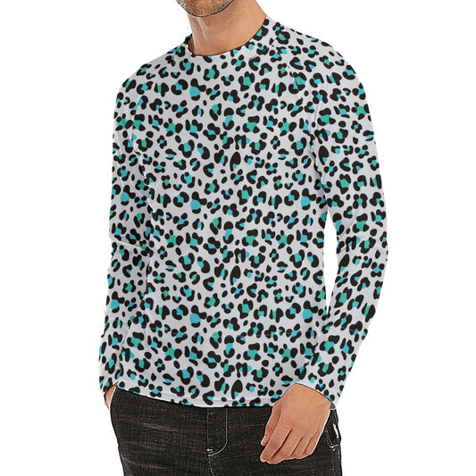 White And Teal Leopard Print Men's Long Sleeve Rash Guard