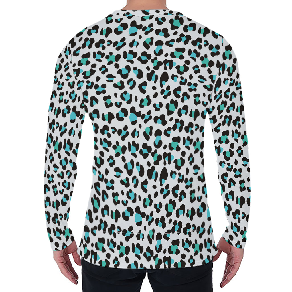 White And Teal Leopard Print Men's Long Sleeve T-Shirt