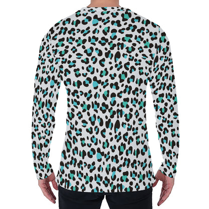 White And Teal Leopard Print Men's Long Sleeve T-Shirt