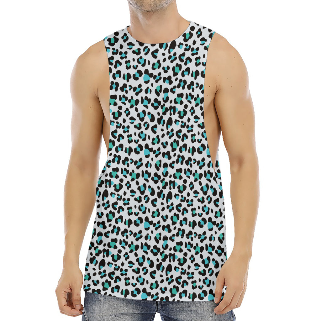 White And Teal Leopard Print Men's Muscle Tank Top