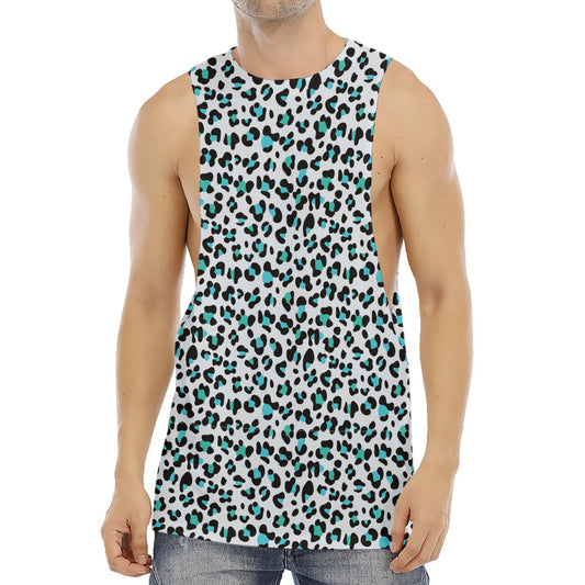 White And Teal Leopard Print Men's Muscle Tank Top