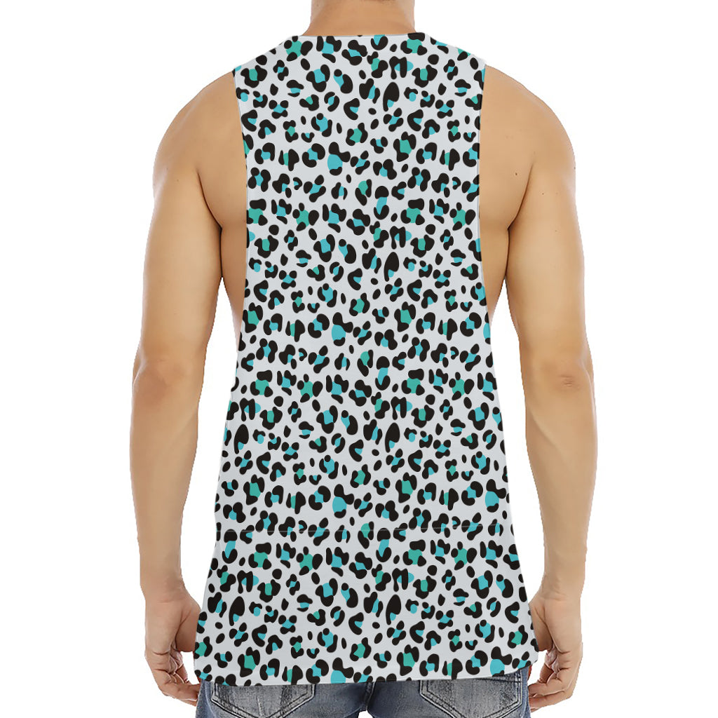 White And Teal Leopard Print Men's Muscle Tank Top