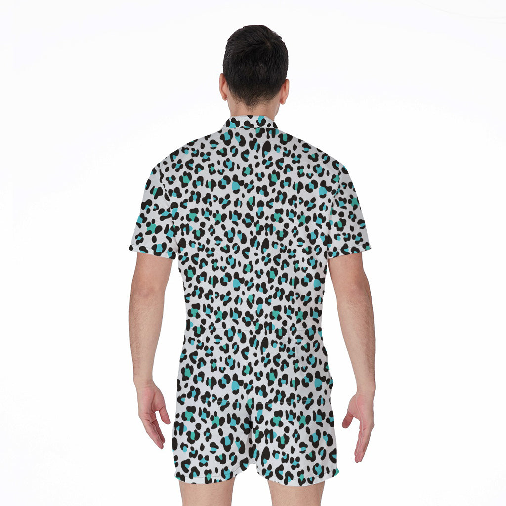White And Teal Leopard Print Men's Rompers