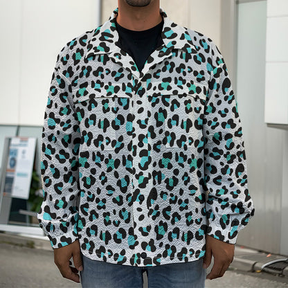 White And Teal Leopard Print Men's Shirt Jacket