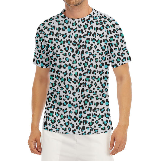White And Teal Leopard Print Men's Short Sleeve Rash Guard