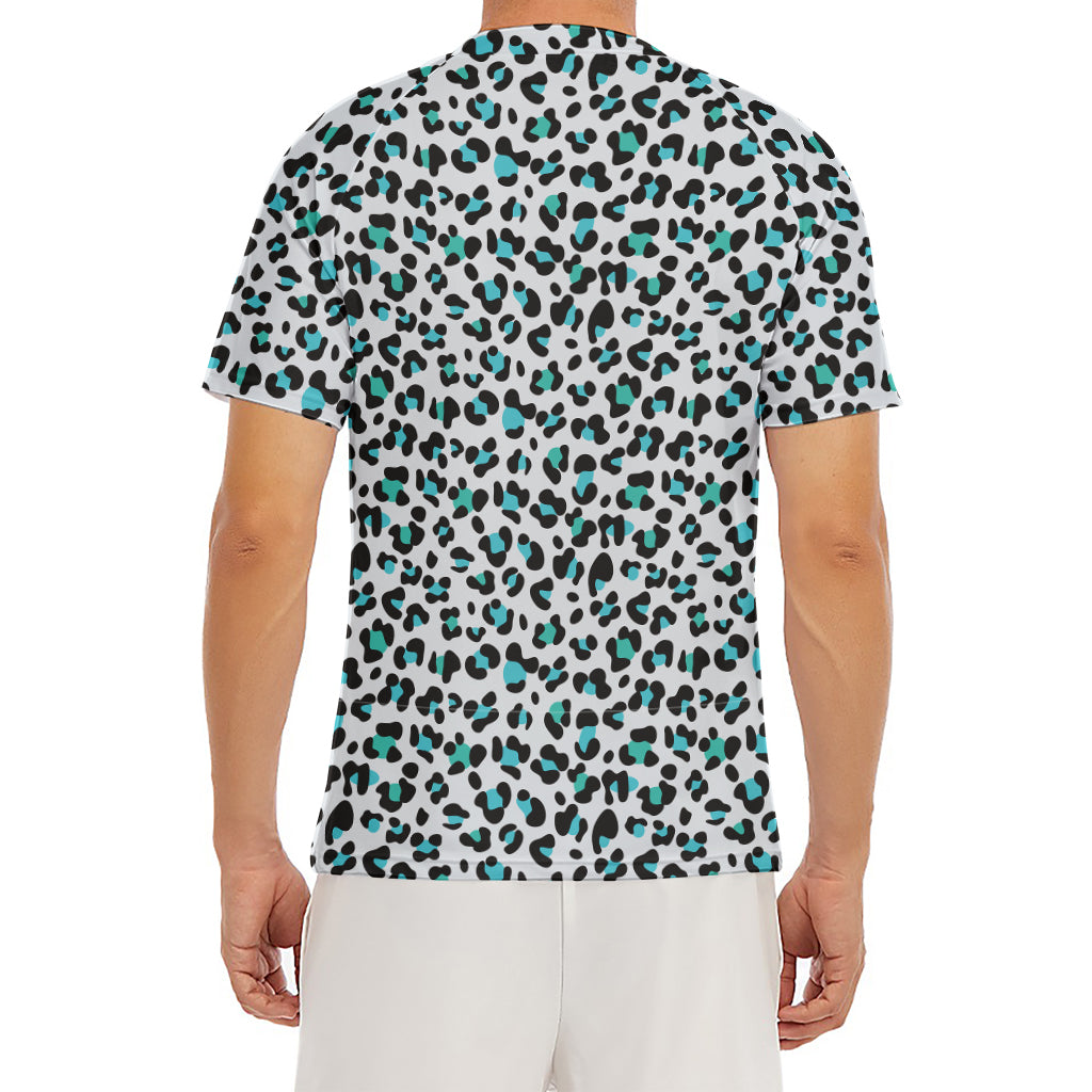 White And Teal Leopard Print Men's Short Sleeve Rash Guard