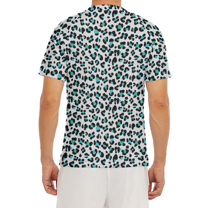 White And Teal Leopard Print Men's Short Sleeve Rash Guard