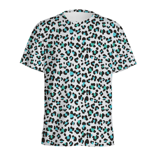 White And Teal Leopard Print Men's Sports T-Shirt