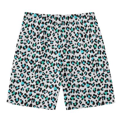 White And Teal Leopard Print Men's Swim Trunks