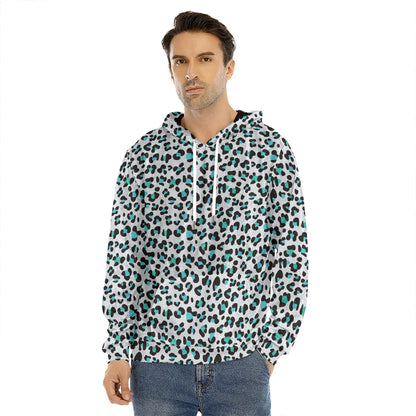 White And Teal Leopard Print Men's Velvet Pullover Hoodie
