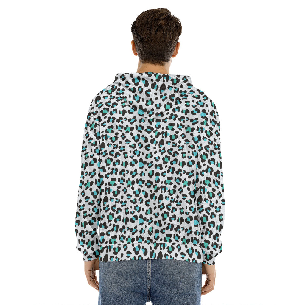 White And Teal Leopard Print Men's Velvet Pullover Hoodie