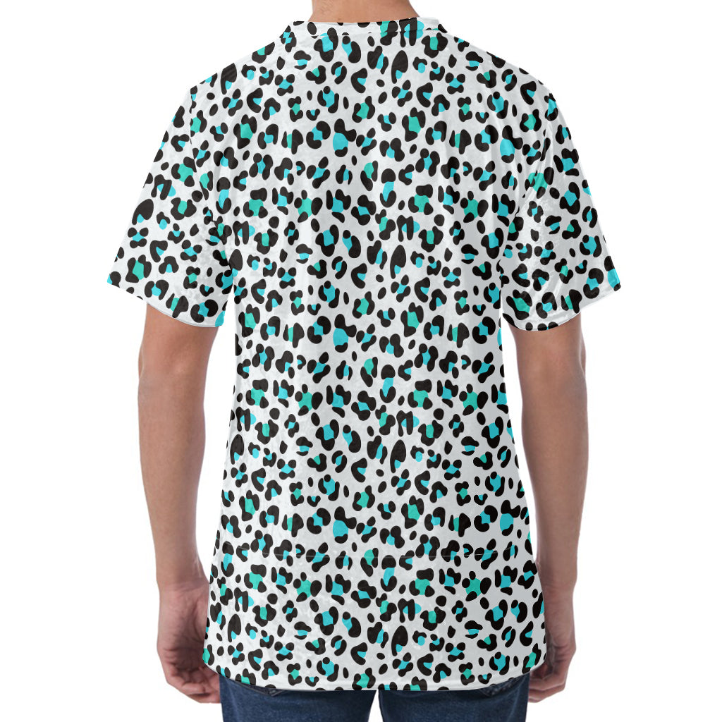 White And Teal Leopard Print Men's Velvet T-Shirt