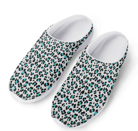 White And Teal Leopard Print Mesh Casual Shoes