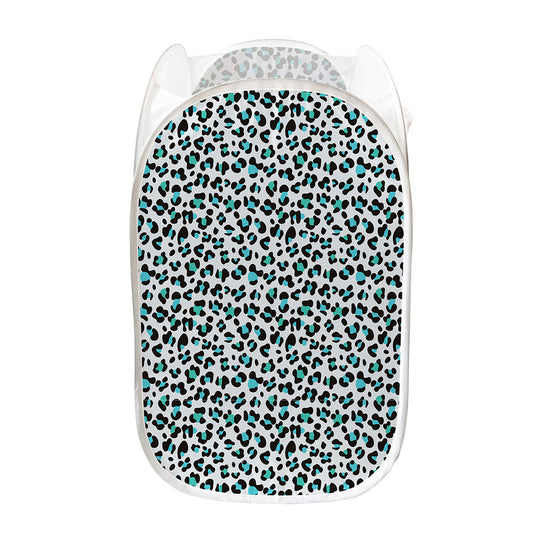White And Teal Leopard Print Mesh Laundry Hamper