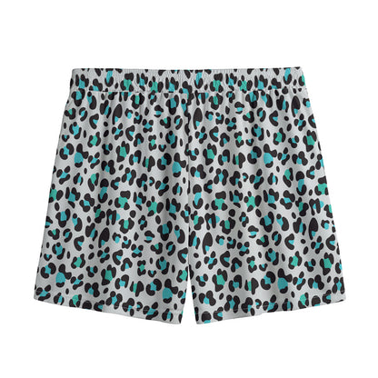 White And Teal Leopard Print Mesh Shorts