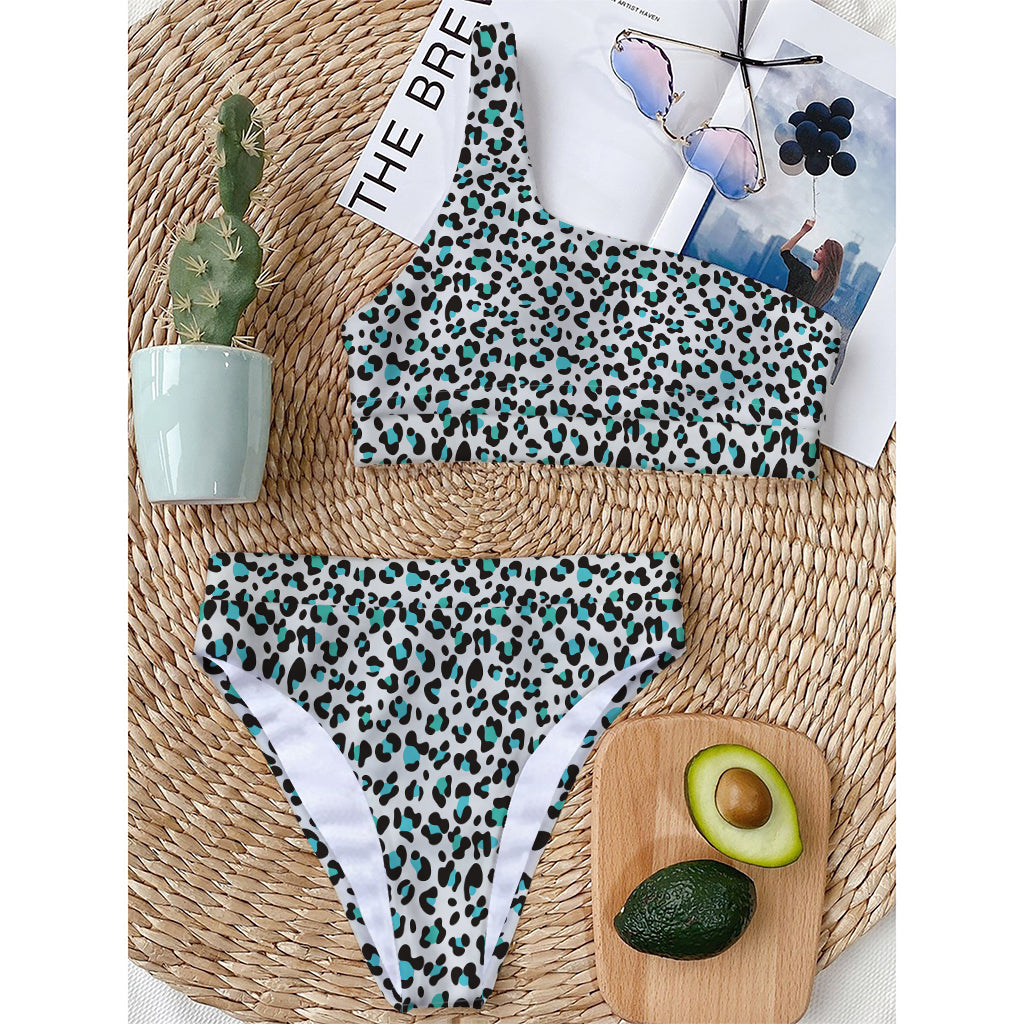 White And Teal Leopard Print One Shoulder Bikini Top