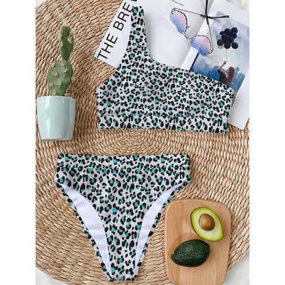White And Teal Leopard Print One Shoulder Bikini Top