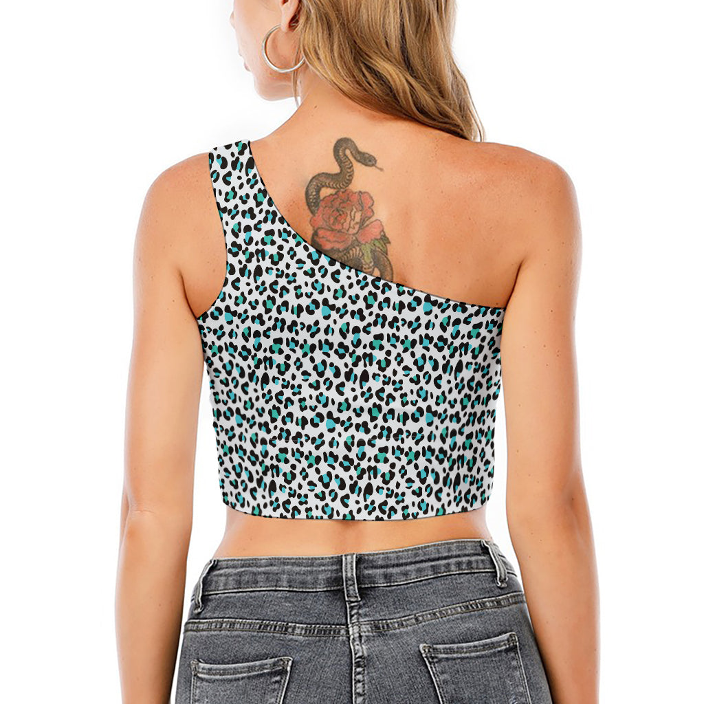 White And Teal Leopard Print One Shoulder Crop Top
