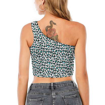 White And Teal Leopard Print One Shoulder Crop Top