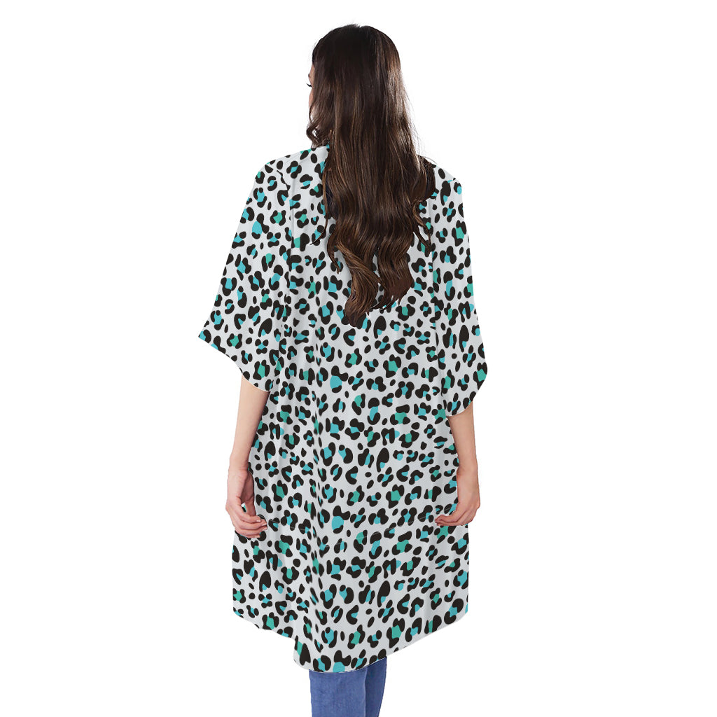 White And Teal Leopard Print Open Front Beach Cover Up