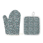 White And Teal Leopard Print Oven Mitt And Pot Holder Set