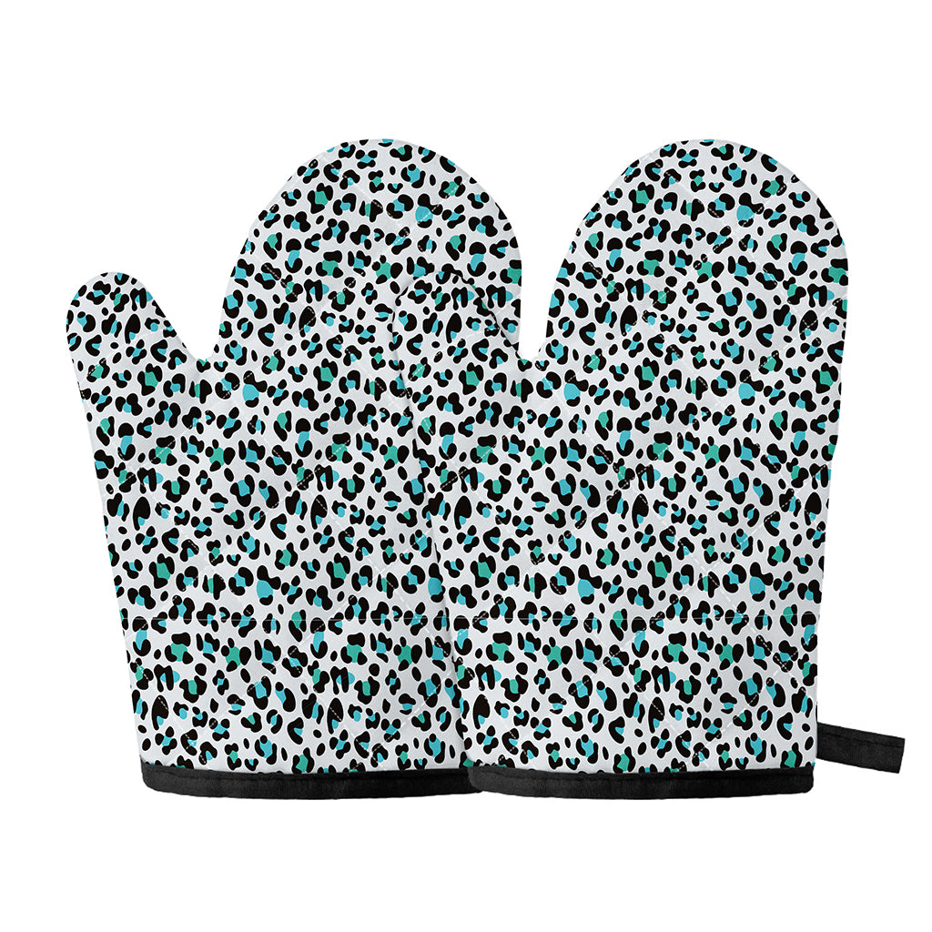 White And Teal Leopard Print Oven Mitts