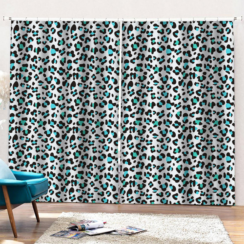 White And Teal Leopard Print Pencil Pleat Curtains