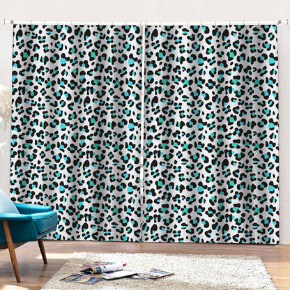 White And Teal Leopard Print Pencil Pleat Curtains