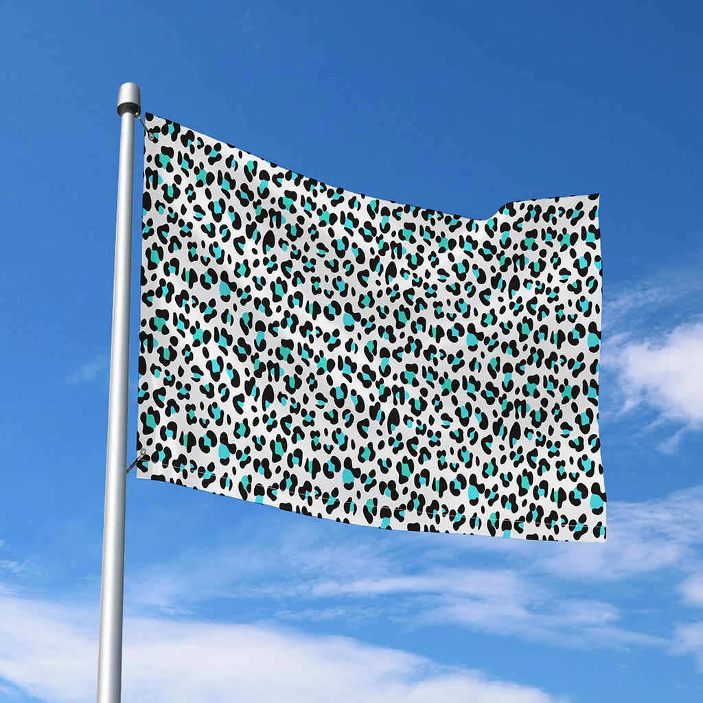 White And Teal Leopard Print Polyester Flag