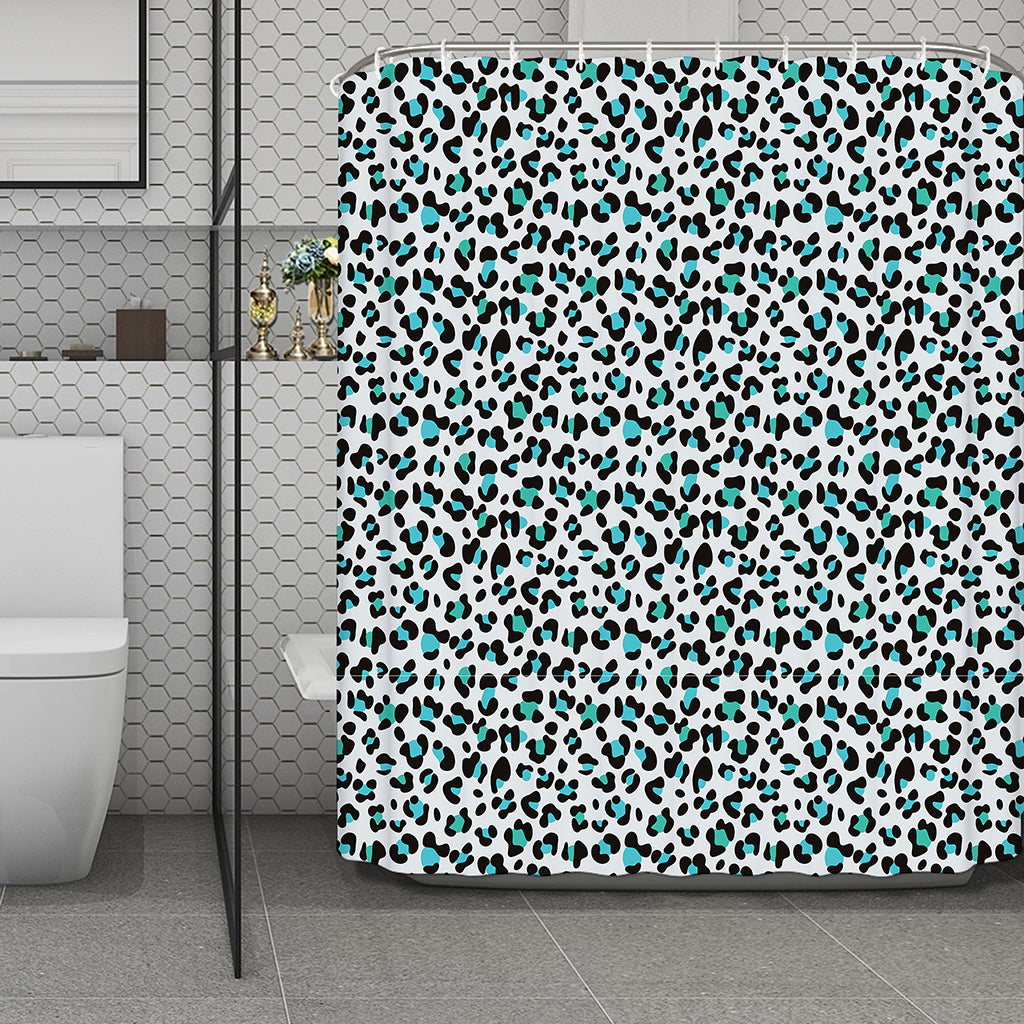White And Teal Leopard Print Polyester Shower Curtain