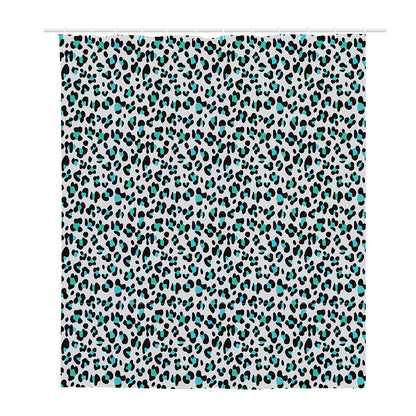 White And Teal Leopard Print Polyester Shower Curtain