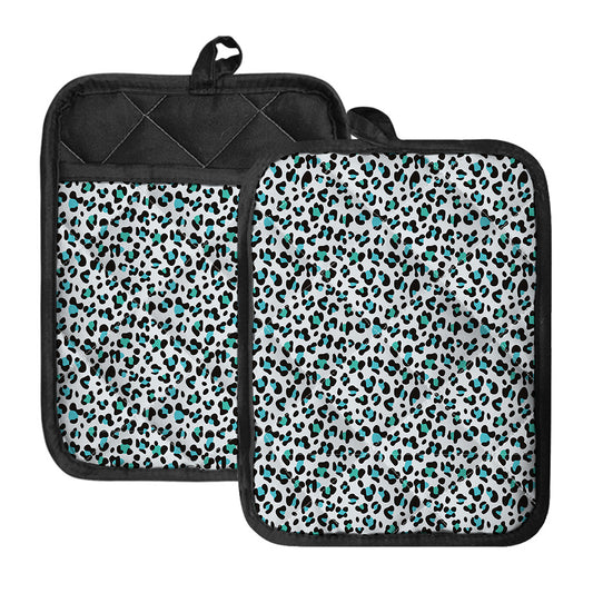 White And Teal Leopard Print Pot Holders With Pocket