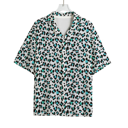 White And Teal Leopard Print Rayon Hawaiian Shirt