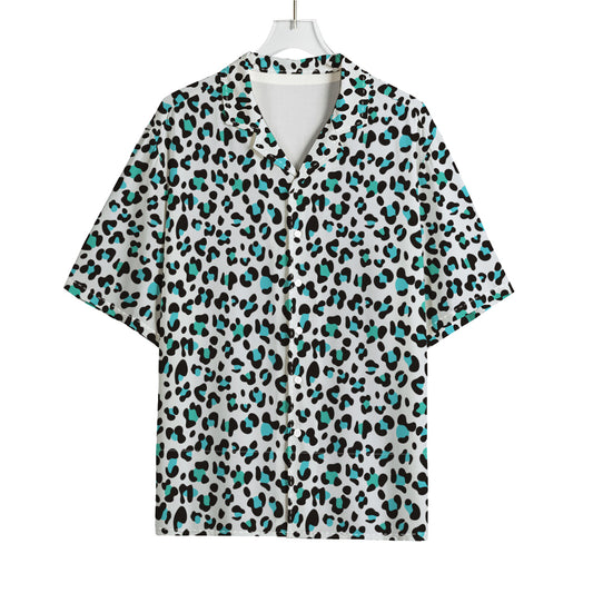 White And Teal Leopard Print Rayon Hawaiian Shirt