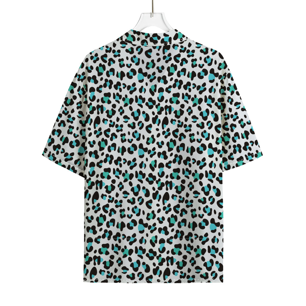 White And Teal Leopard Print Rayon Hawaiian Shirt