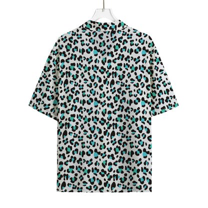 White And Teal Leopard Print Rayon Hawaiian Shirt